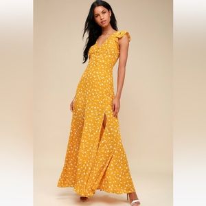 Lulu’s Fresh Picked Mustard Yellow Floral Print Backless Maxi Dress